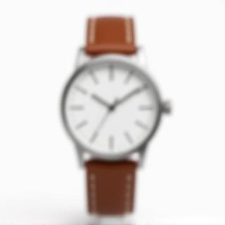 A high-quality image of a classic silver minimalist watch with a leather strap, on a neutral background.